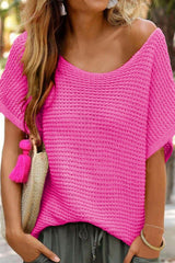 Strawberry Pink Knit Boat Neck Short Sleeve Top - MXSTUDIO.COM