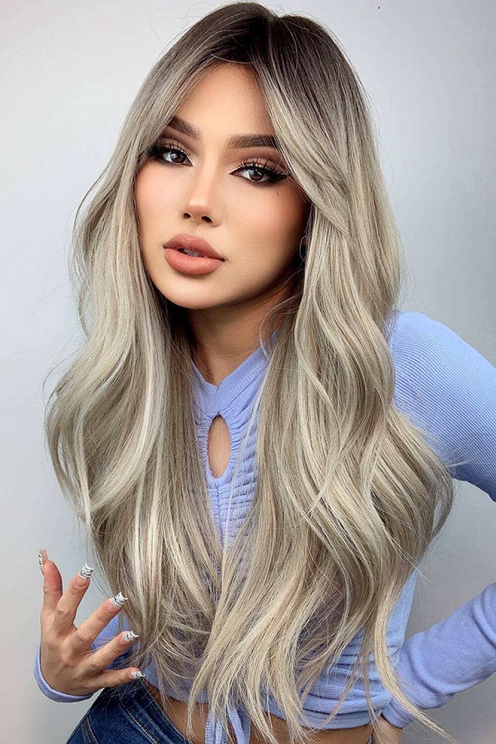 26'' Ash Blonde Balayage Wavy Full Machine Wig - MXSTUDIO.COM