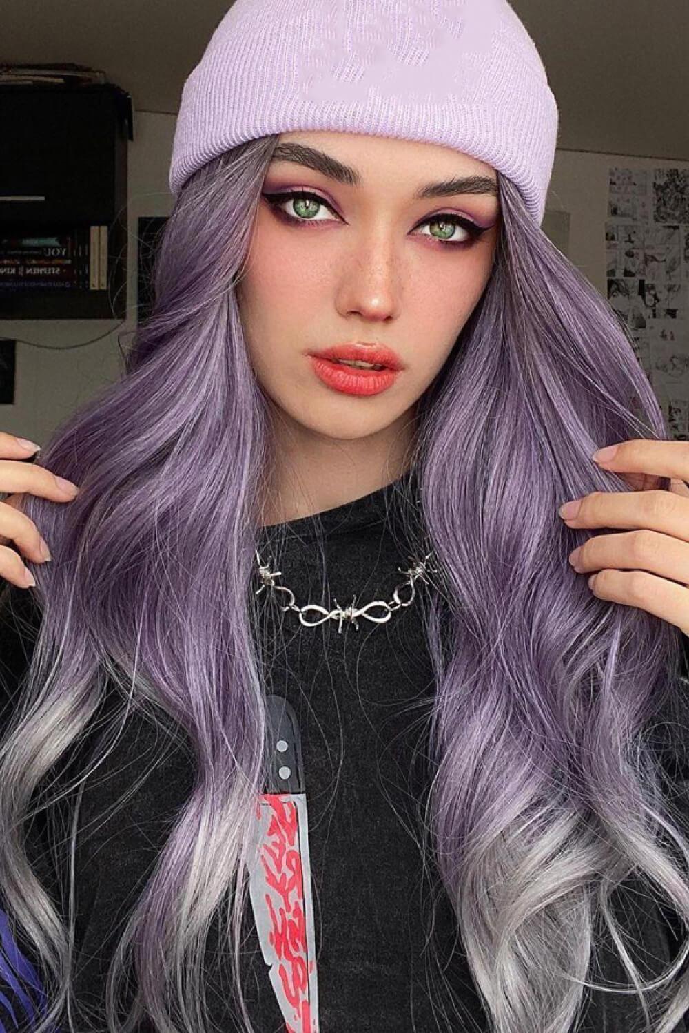 26'' Purple Gray Wavy Full Machine Wig - MXSTUDIO.COM