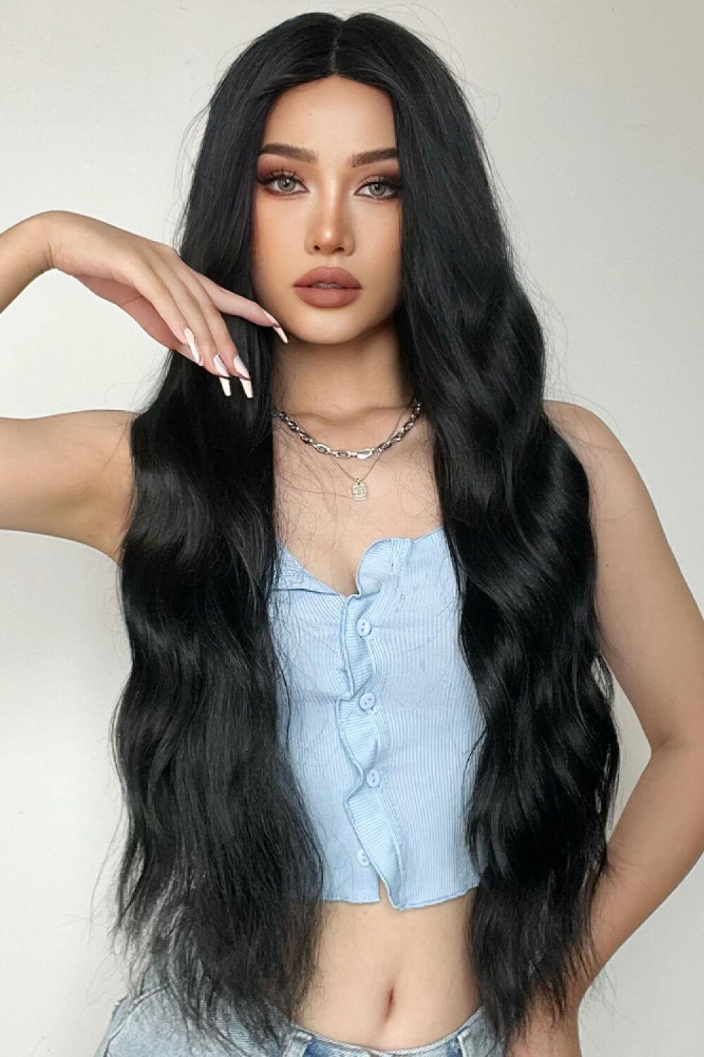 28'' Black Long Wavy Full Machine Wig - MXSTUDIO.COM