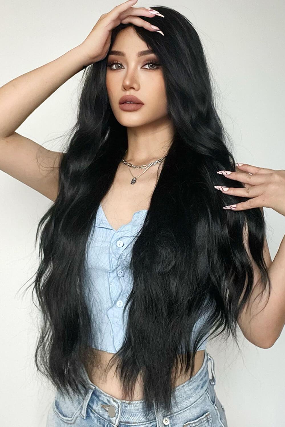 28'' Black Long Wavy Full Machine Wig - MXSTUDIO.COM