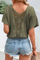 Interesting Back Lace Crew Neck Short Sleeve Blouse