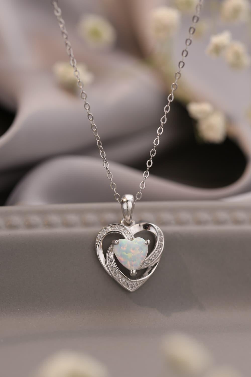 925 Sterling Silver Heart Opal Pendant Necklace - MXSTUDIO.COM