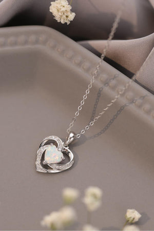 925 Sterling Silver Heart Opal Pendant Necklace - MXSTUDIO.COM