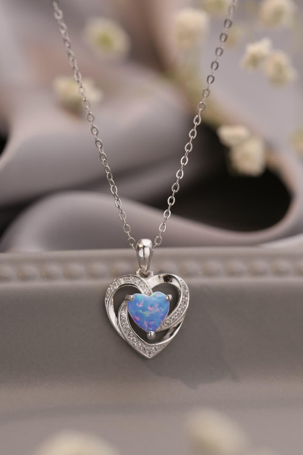 925 Sterling Silver Heart Opal Pendant Necklace - MXSTUDIO.COM