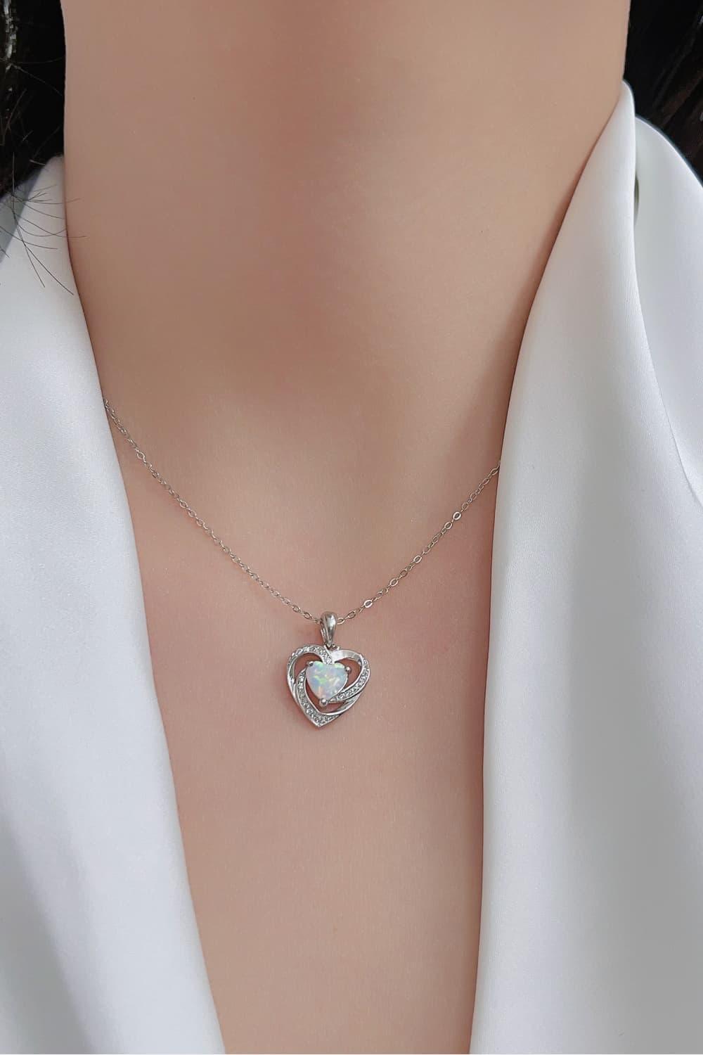 925 Sterling Silver Heart Opal Pendant Necklace - MXSTUDIO.COM