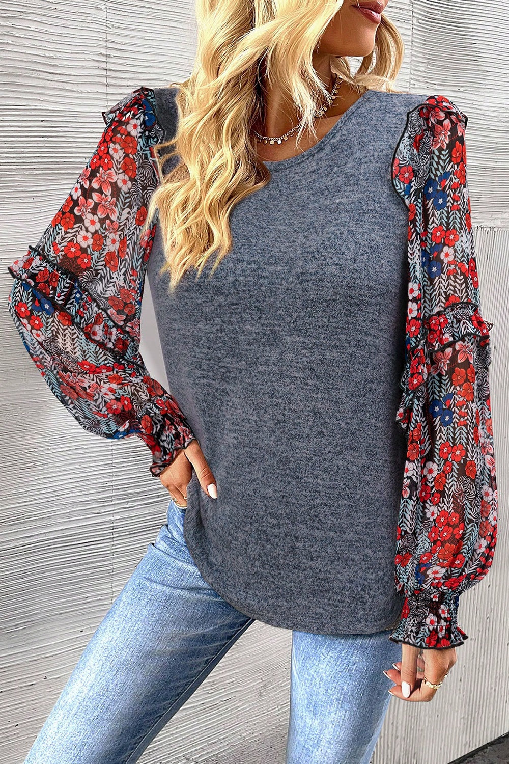 Effortless Warmth Frill Lantern Sleeve Floral Blouse