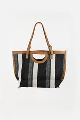 Contrast Textured PU Leather Trim Striped Tote Bag - MXSTUDIO.COM