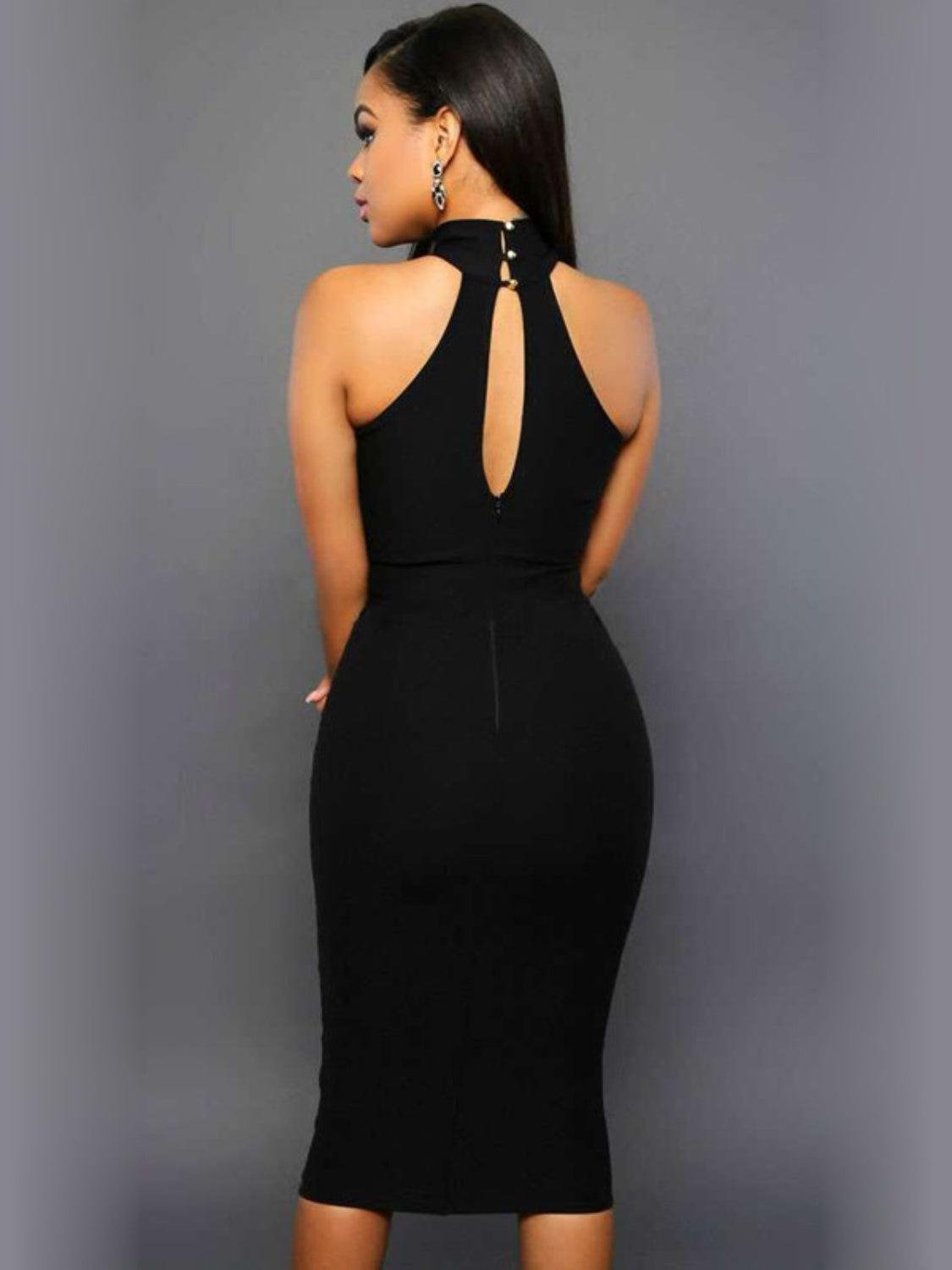 the back of a woman wearing a black dress