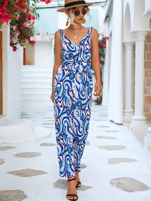 Abstract Print Sleeveless Tie Waist Jumpsuit - MXSTUDIO.COM