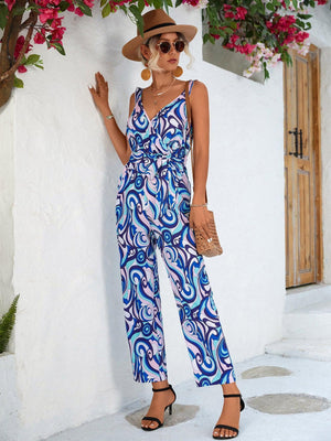 Abstract Print Sleeveless Tie Waist Jumpsuit - MXSTUDIO.COM