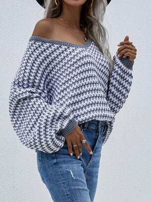 Achieve Your Goal V-Neck Pullover Striped Knit Sweater - MXSTUDIO.COM