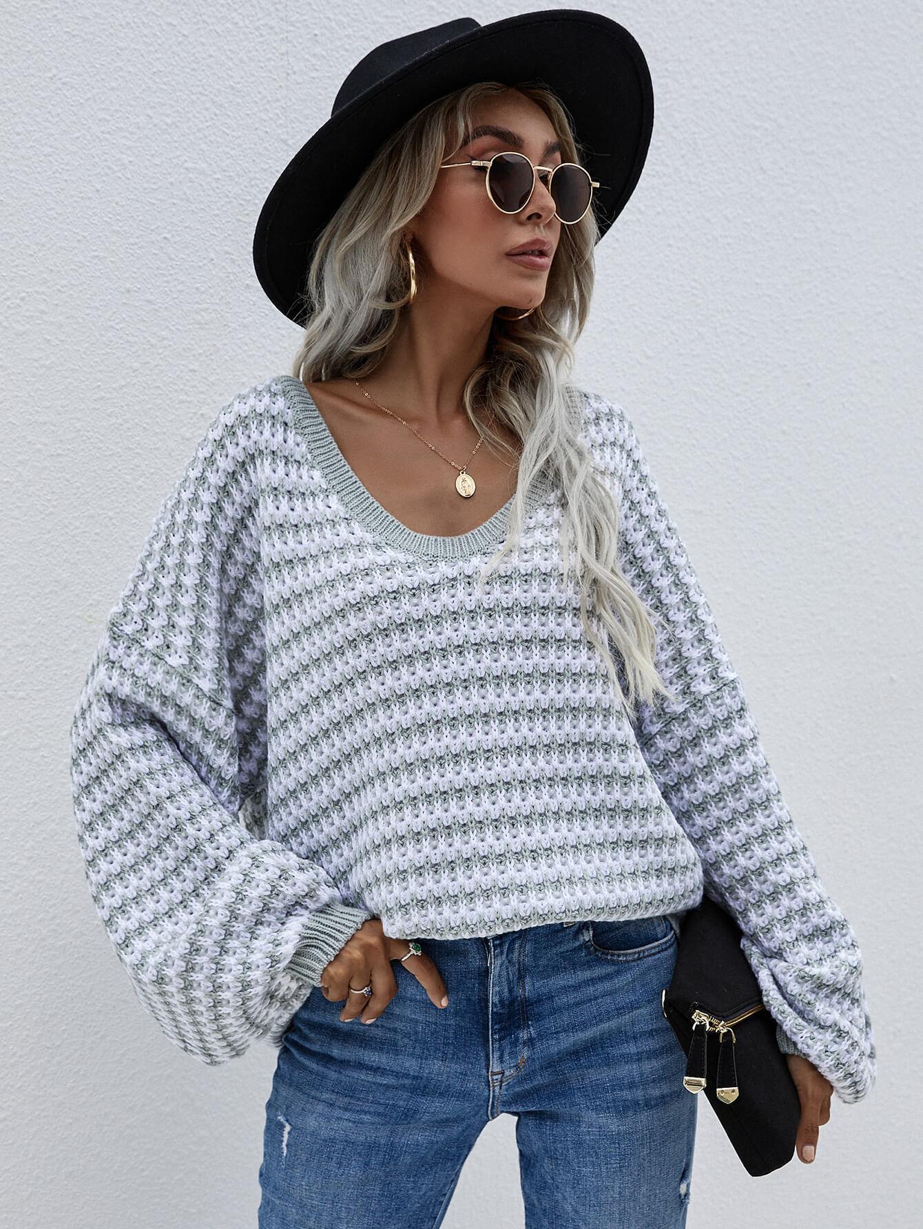 Achieve Your Goal V-Neck Pullover Striped Knit Sweater - MXSTUDIO.COM