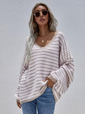 Achieve Your Goal V-Neck Pullover Striped Knit Sweater - MXSTUDIO.COM