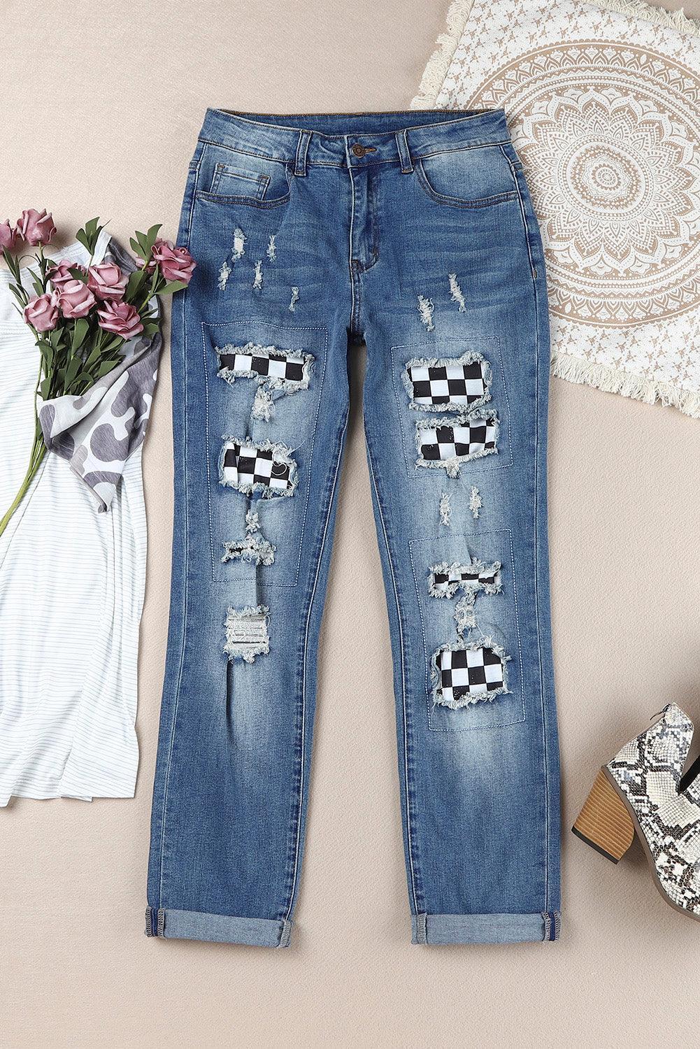 Active Checkered Patch Distressed Mid Waist Jeans - MXSTUDIO.COM