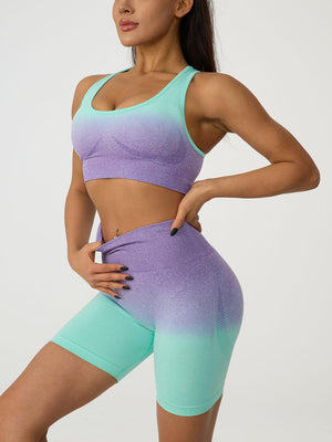a woman in a purple and blue sports bra top