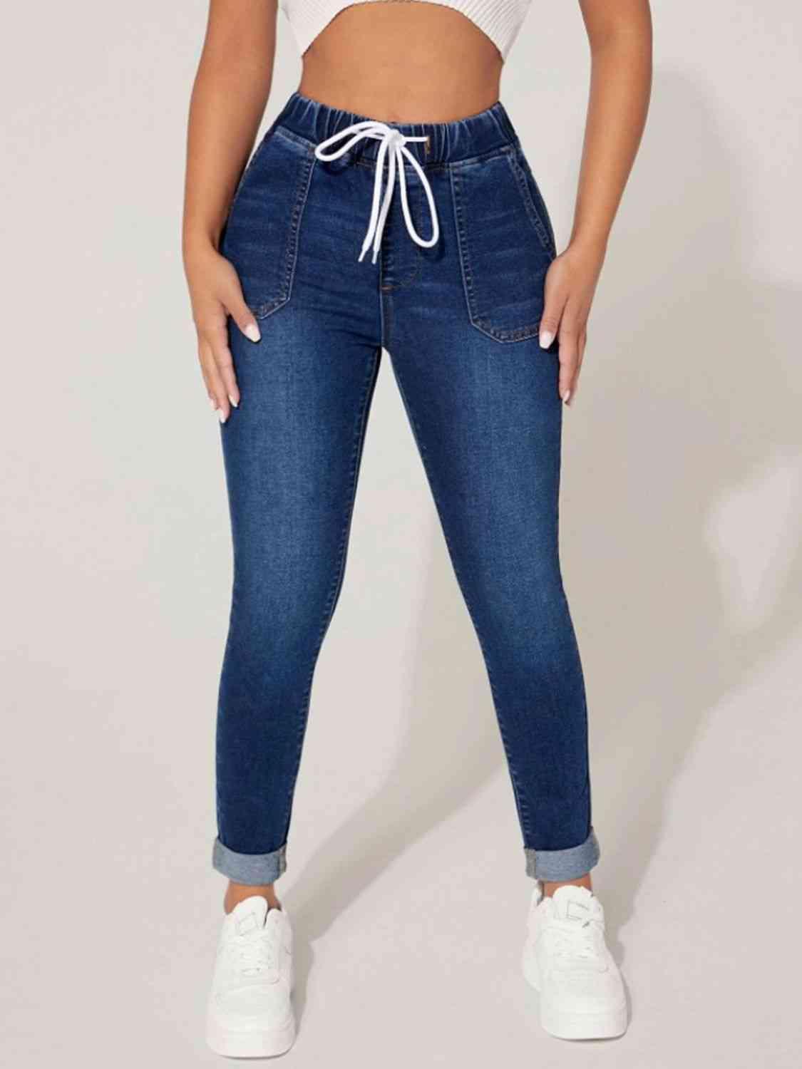 Actively Chic Drawstring Stretch Skinny Jeans - MXSTUDIO.COM