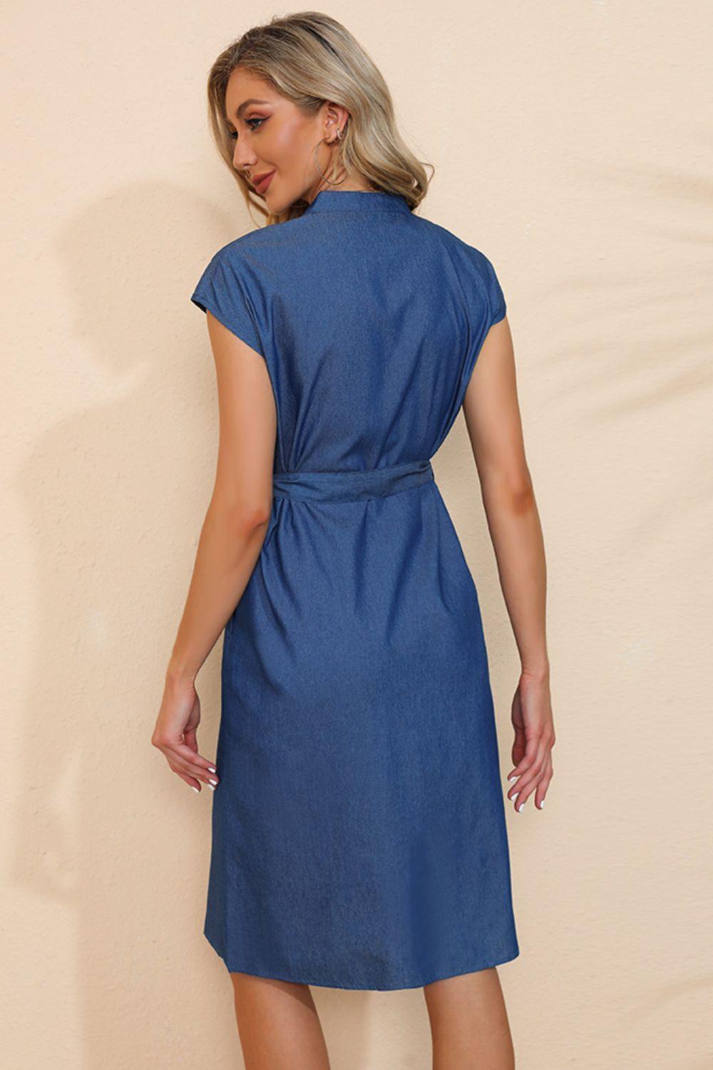 Adaptable Tie Belt Button Front Midi Dress - MXSTUDIO.COM