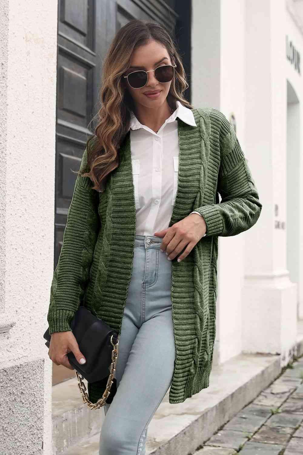 Additional Warmth Open Front Long Cable Knit Cardigan - MXSTUDIO.COM
