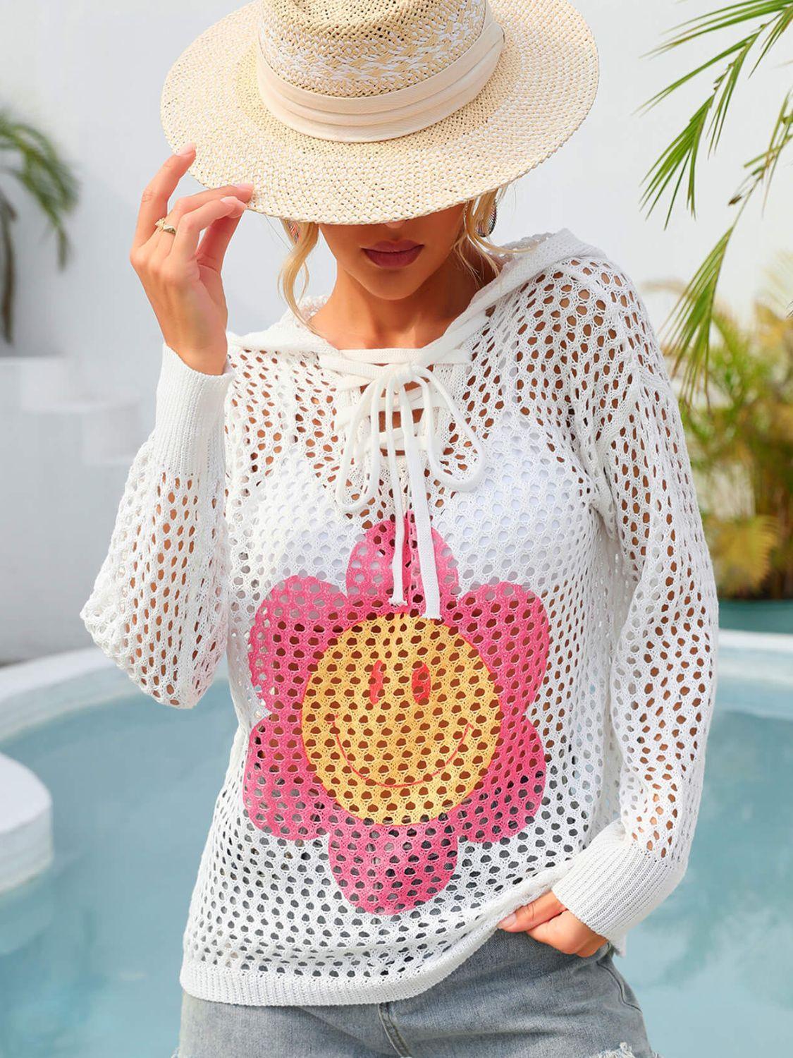 Admire Summer Hooded Openwork Floral Beach Cover-Up - MXSTUDIO.COM