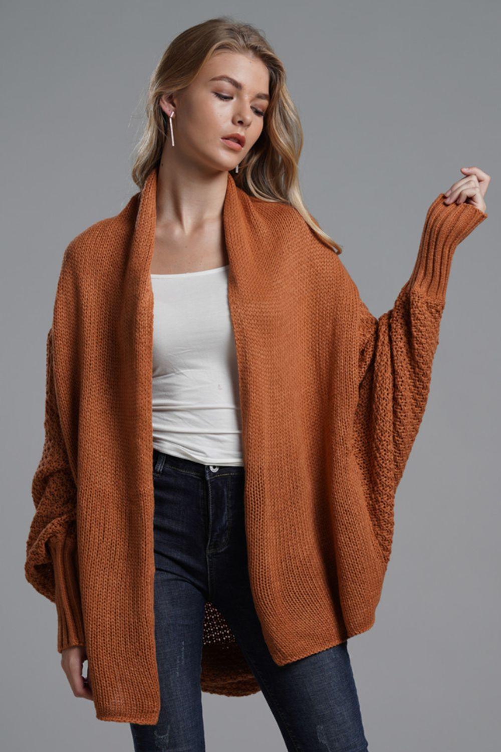 Adorable Dolman Sleeve Ribbed Trim Longline Cardigan - MXSTUDIO.COM