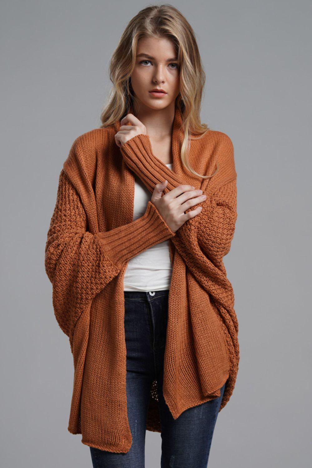 Adorable Dolman Sleeve Ribbed Trim Longline Cardigan - MXSTUDIO.COM