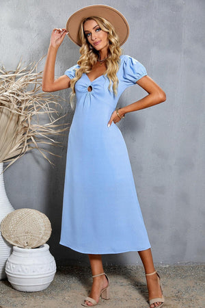 Adorable Short Puff Sleeve Midi Dress - MXSTUDIO.COM