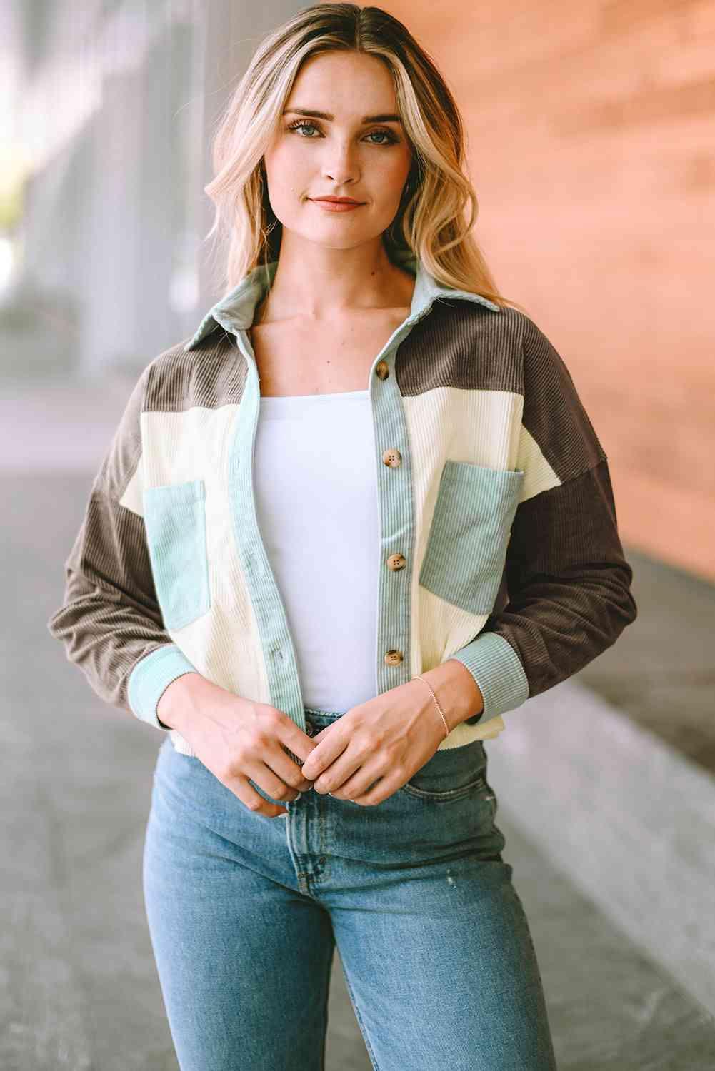 Adorable Warmth Color Block Collared Neck Jacket-MXSTUDIO.COM