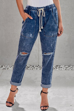 Adventurous Elastic Waist Denim Joggers - MXSTUDIO.COM