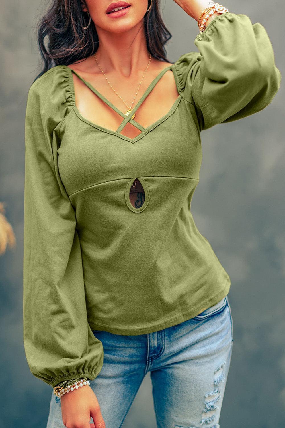 Aesthetic Crisscross Green Balloon Sleeve Blouse - MXSTUDIO.COM