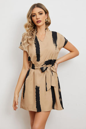 Aesthetic Notched Short Sleeve Belted Mini Dress - MXSTUDIO.COM