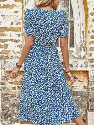 Affectionate Floral Split Short Sleeve Midi Dress - MXSTUDIO.COM