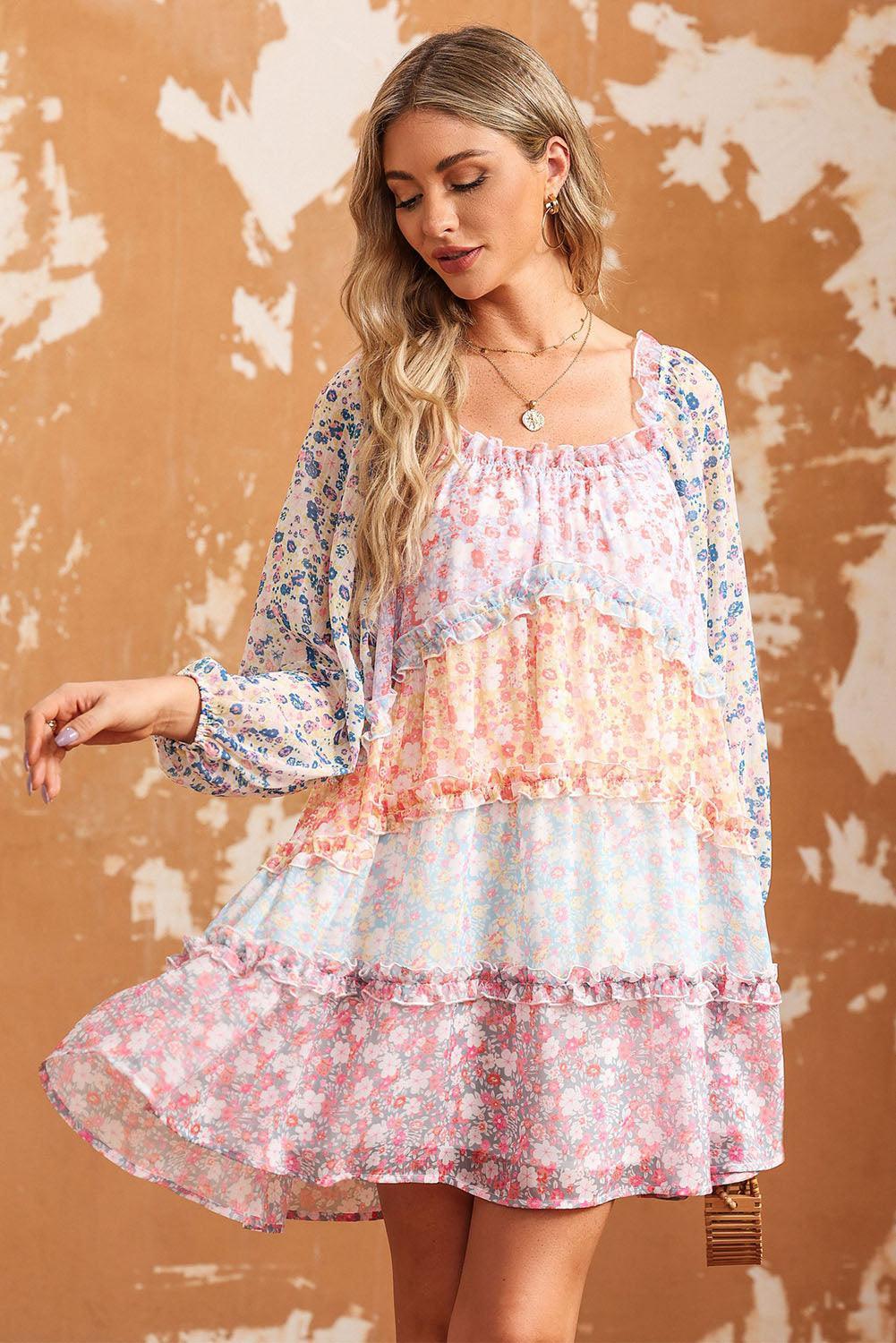 Ageless Beauty Long Sleeve Mini Floral Tiered Dress - MXSTUDIO.COM