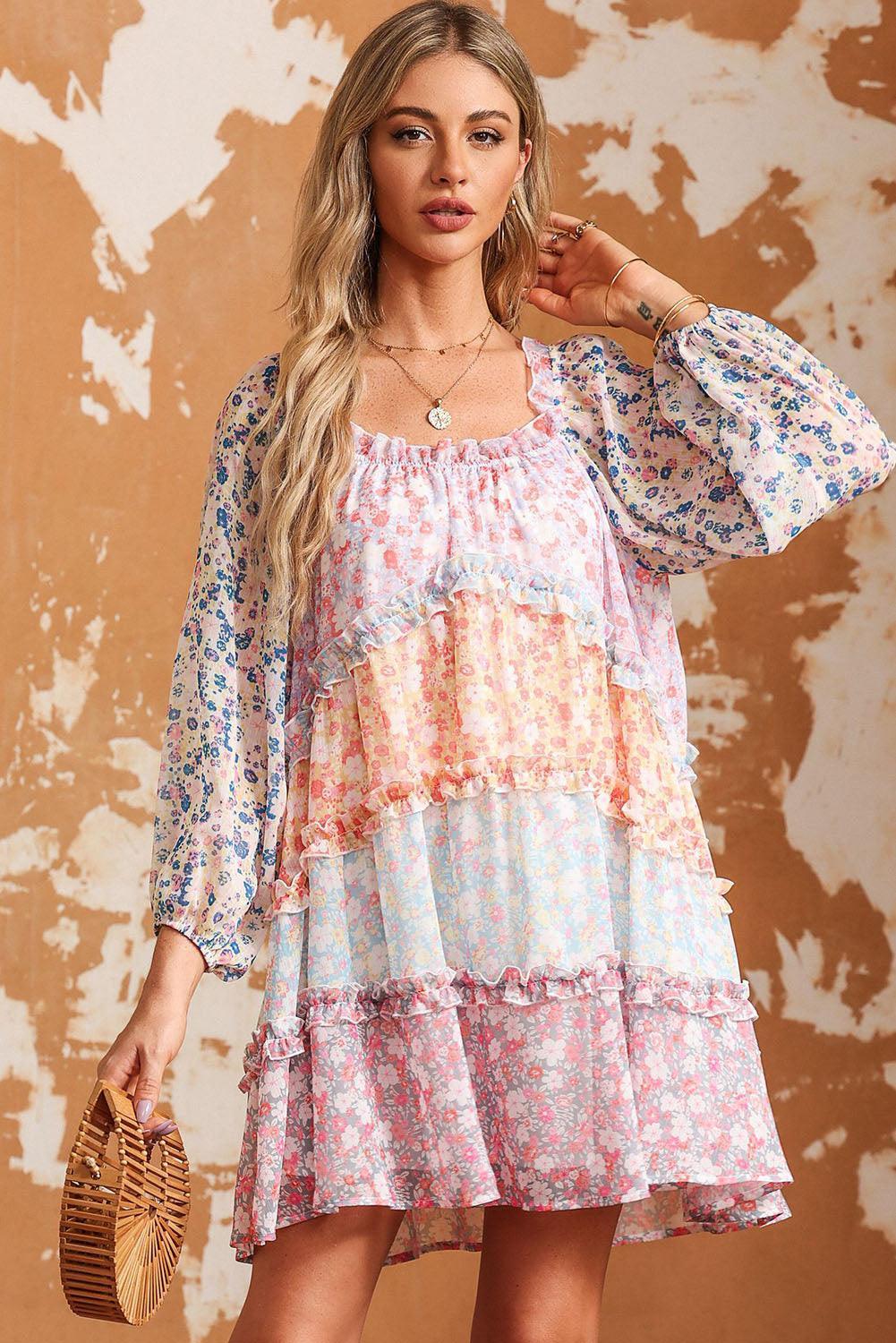 Ageless Beauty Long Sleeve Mini Floral Tiered Dress - MXSTUDIO.COM