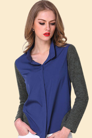 Ageless Collared Color Block Long Sleeve Blouse - MXSTUDIO.COM