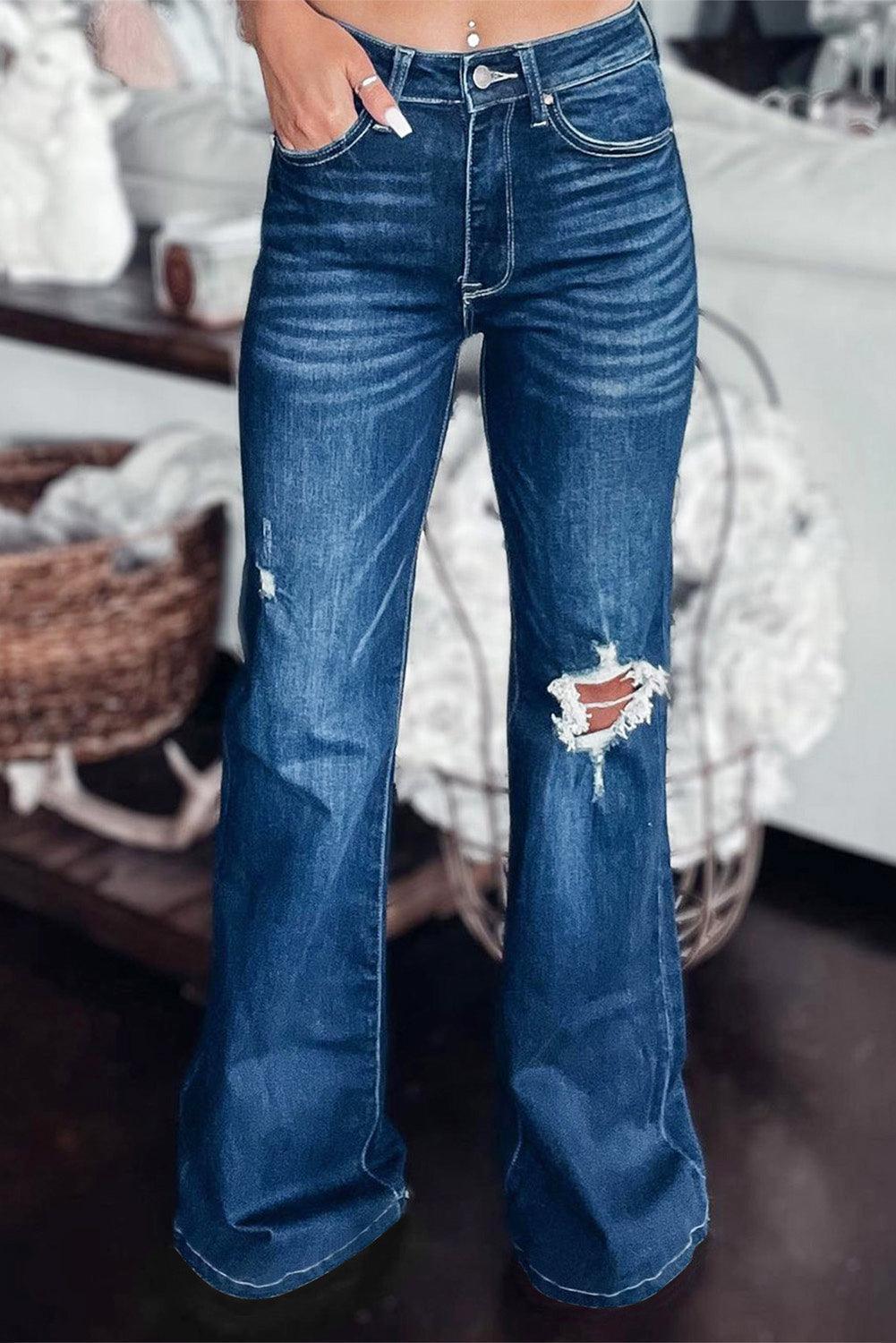 Asymmetrical Open Knee Distressed Flare Jeans - MXSTUDIO.COM