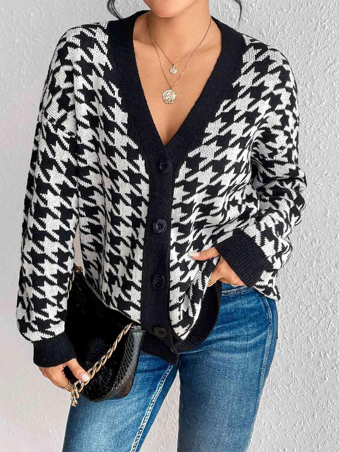 Ageless Style Button Up Houndstooth Cardigan-MXSTUDIO.COM