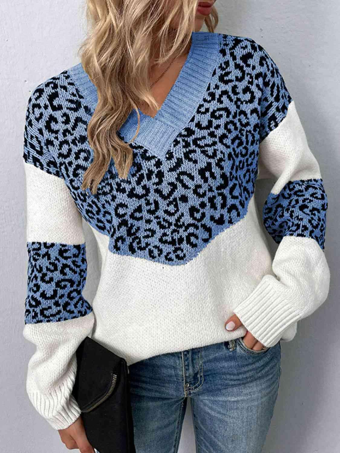 Aggressive Warmth V-Neck Leopard Print Sweater-MXSTUDIO.COM
