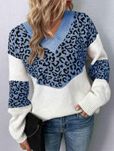Aggressive Warmth V-Neck Leopard Print Sweater-MXSTUDIO.COM