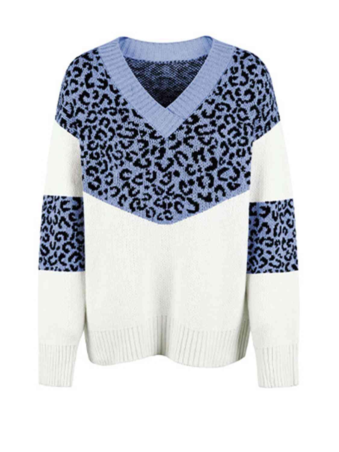 Aggressive Warmth V-Neck Leopard Print Sweater-MXSTUDIO.COM