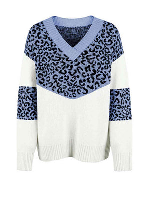 Aggressive Warmth V-Neck Leopard Print Sweater-MXSTUDIO.COM