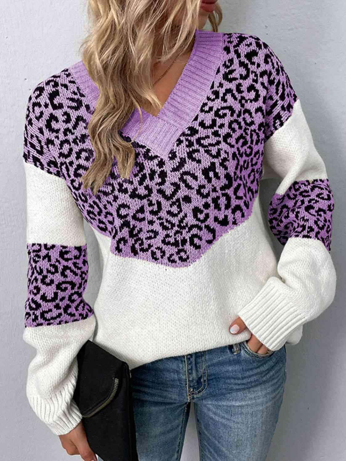 Aggressive Warmth V-Neck Leopard Print Sweater-MXSTUDIO.COM