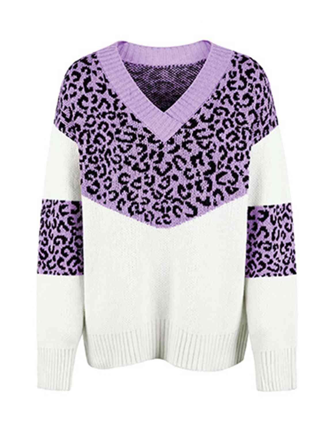 Aggressive Warmth V-Neck Leopard Print Sweater-MXSTUDIO.COM