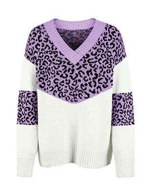 Aggressive Warmth V-Neck Leopard Print Sweater-MXSTUDIO.COM