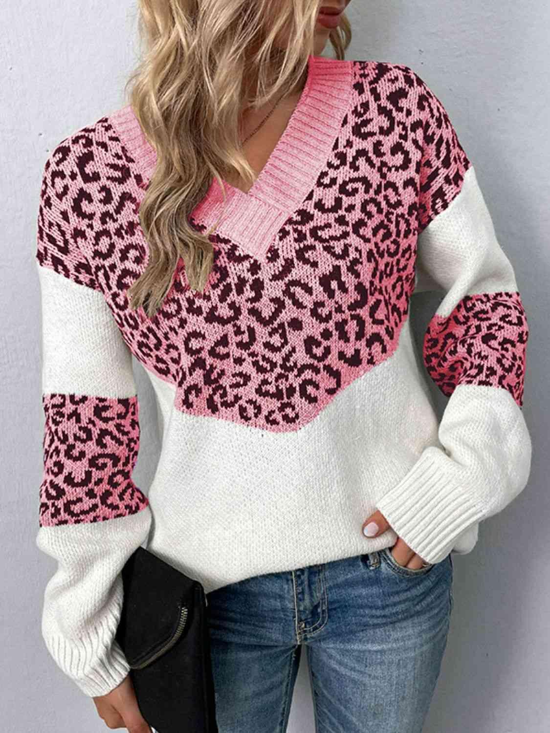 Aggressive Warmth V-Neck Leopard Print Sweater-MXSTUDIO.COM