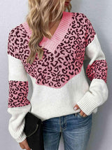Aggressive Warmth V-Neck Leopard Print Sweater-MXSTUDIO.COM
