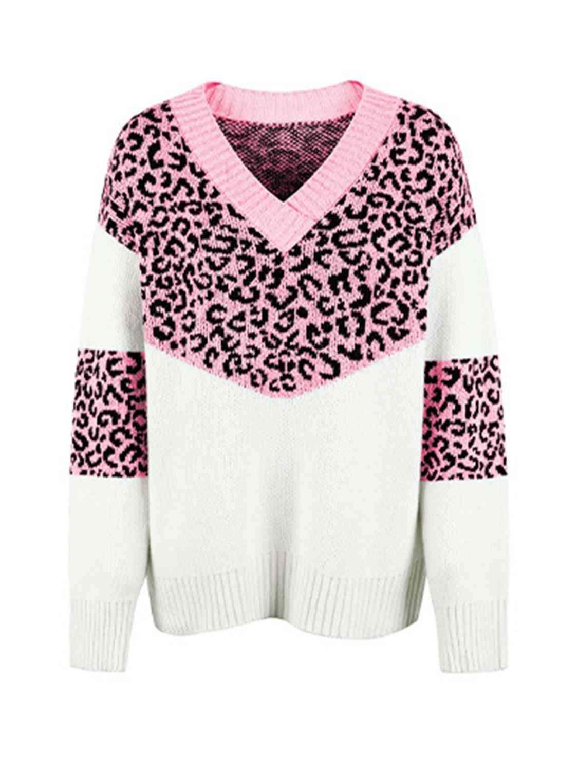 Aggressive Warmth V-Neck Leopard Print Sweater-MXSTUDIO.COM