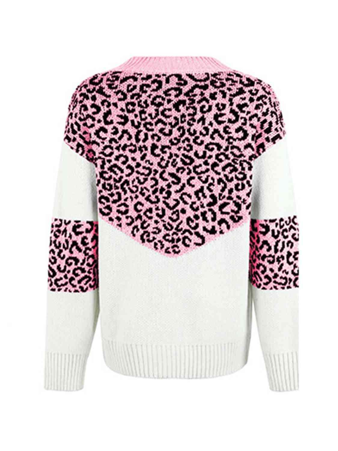 Aggressive Warmth V-Neck Leopard Print Sweater-MXSTUDIO.COM