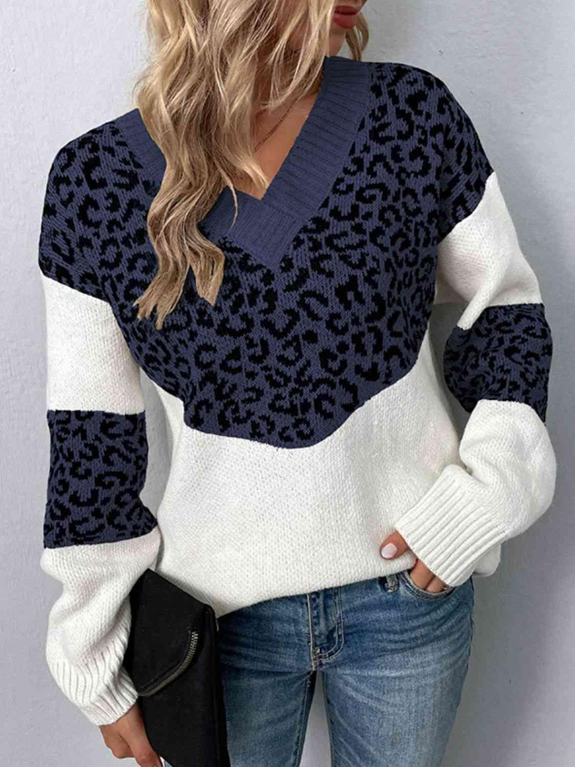 Aggressive Warmth V-Neck Leopard Print Sweater-MXSTUDIO.COM