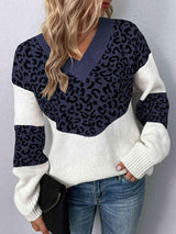 Aggressive Warmth V-Neck Leopard Print Sweater-MXSTUDIO.COM